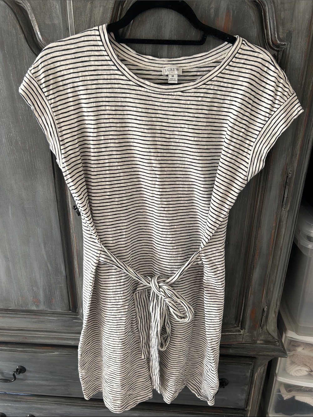J. Crew Black & White Striped Tie-Waist Tee Dress